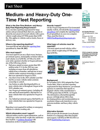 Oregon - Medium and Heavy Duty One-Time Fleet Reporting Fact Sheet